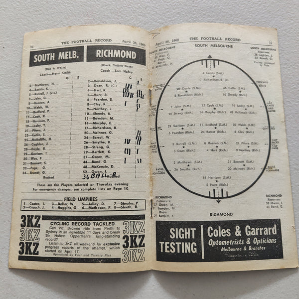 VFL 1969 April 26 South Melbourne v Richmond Football Record