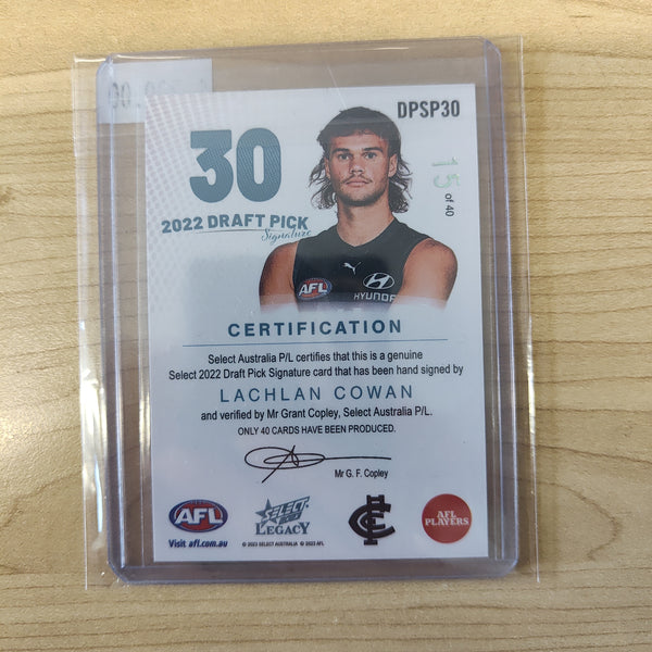 2023 AFL Select Legacy Platinum Draft Pick Signature Lachlan Cowan Carlton No.15/40