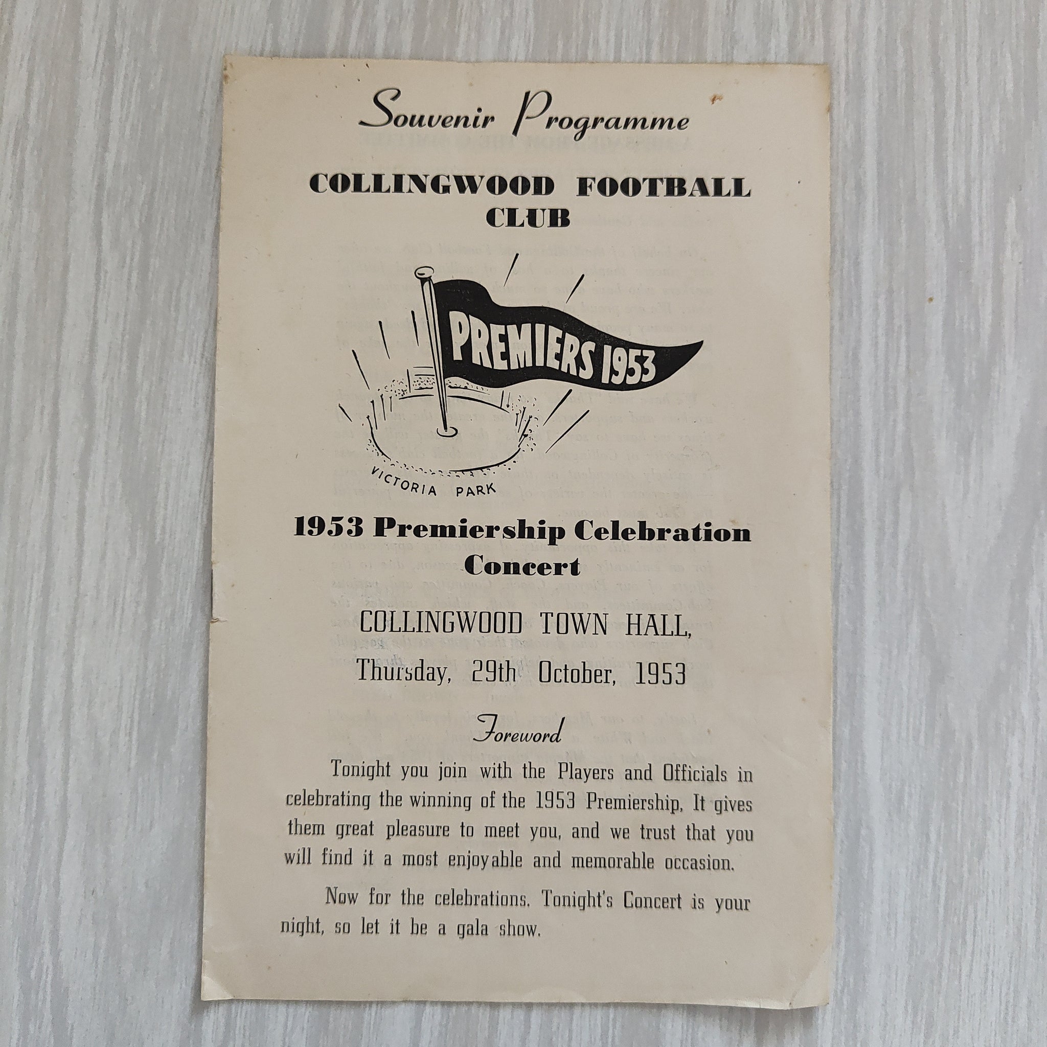 1953 October 29 Collingwood Football Club Premiership Celebration Concert Souvenir Programme
