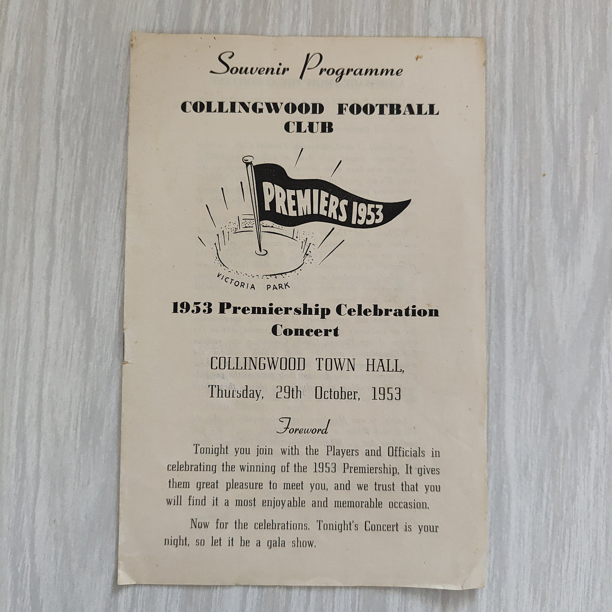 1953 October 29 Collingwood Football Club Premiership Celebration Conc ...