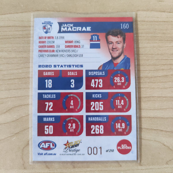 2021 AFL Select Prestige Red Parallel Jack Macrae Western Bulldogs LOW NUMBER No.001/210