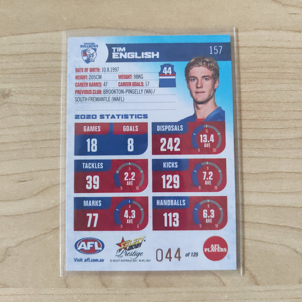 2021 AFL Select Prestige Blue Parallel Tim English Western Bulldogs JUMPER NUMBER No.044/125