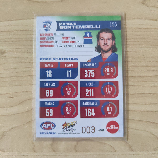 2021 AFL Select Prestige Green Parallel Marcus Bontempelli Western Bulldogs LOW NUMBER No.003/60