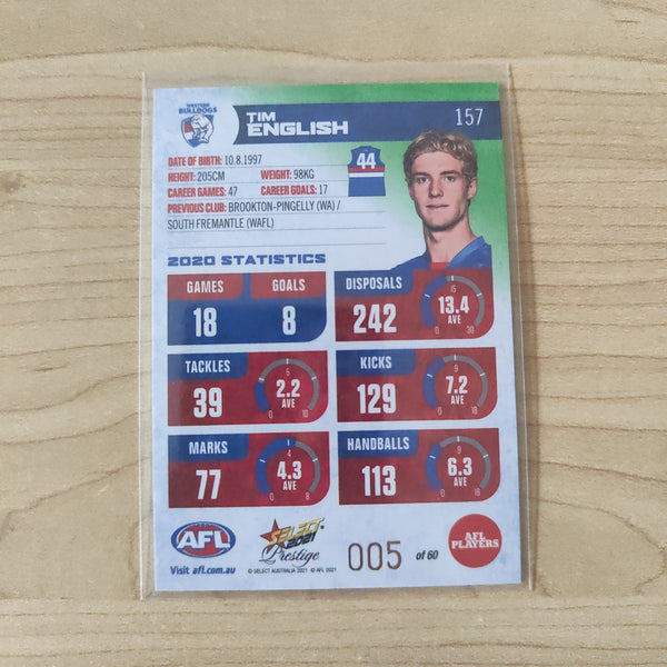 2021 AFL Select Prestige Green Parallel Tim English Western Bulldogs LOW NUMBER No.005/60