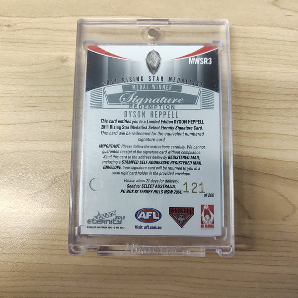 2012 AFL Select Eternity Dyson Heppell Essendon Rising Star Medal Signature Redemption