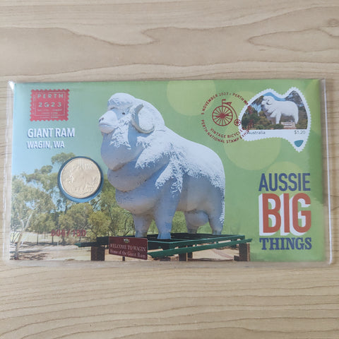 2023 Australia $1 Aussie Big Things Giant Ram Perth Stamp Exhibition Overprint Limited Edition PNC 006/150