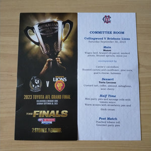 2023 AFL Grand Final Collingwood v Brisbane Main Menu and Committee Room Menu