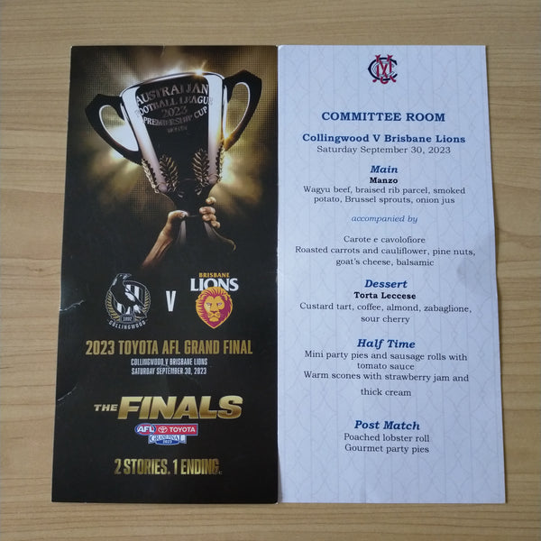 2023 AFL Grand Final Collingwood v Brisbane Main Menu and Committee Room Menu