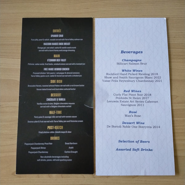 2023 AFL Grand Final Collingwood v Brisbane Main Menu and Committee Room Menu