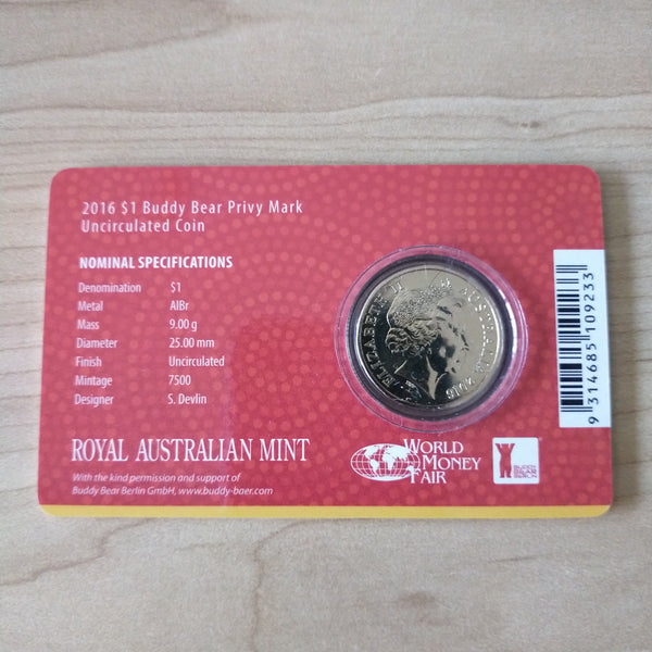 2016 Royal Australian Mint $1 World Money Fair Berlin Buddy Bear Privy Mark Uncirculated Coin