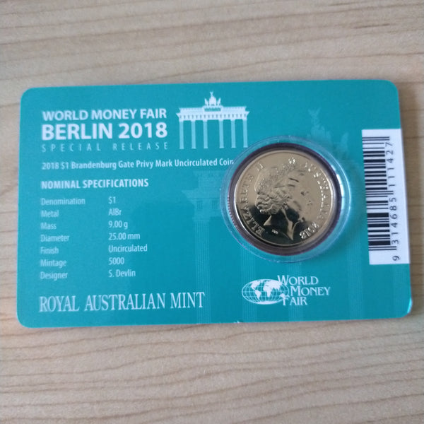 2018 RAM $1 World Money Fair Berlin Brandenburg Gate Privy Mark Uncirculated Coin