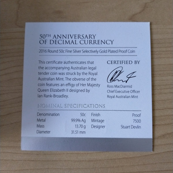 2016 RAM 50c 50th Anniversary Decimal Currency Gold Plated Silver Round Fifty Cent Proof Coin