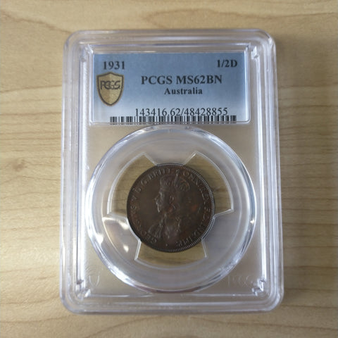 1931 Australia Halfpenny 1/2d PCGS Graded MS62BN Slabbed Coin