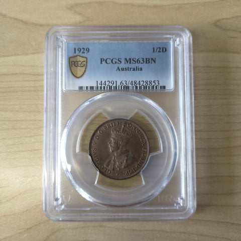 1929 Australia Halfpenny 1/2d PCGS Graded MS63BN Slabbed Coin