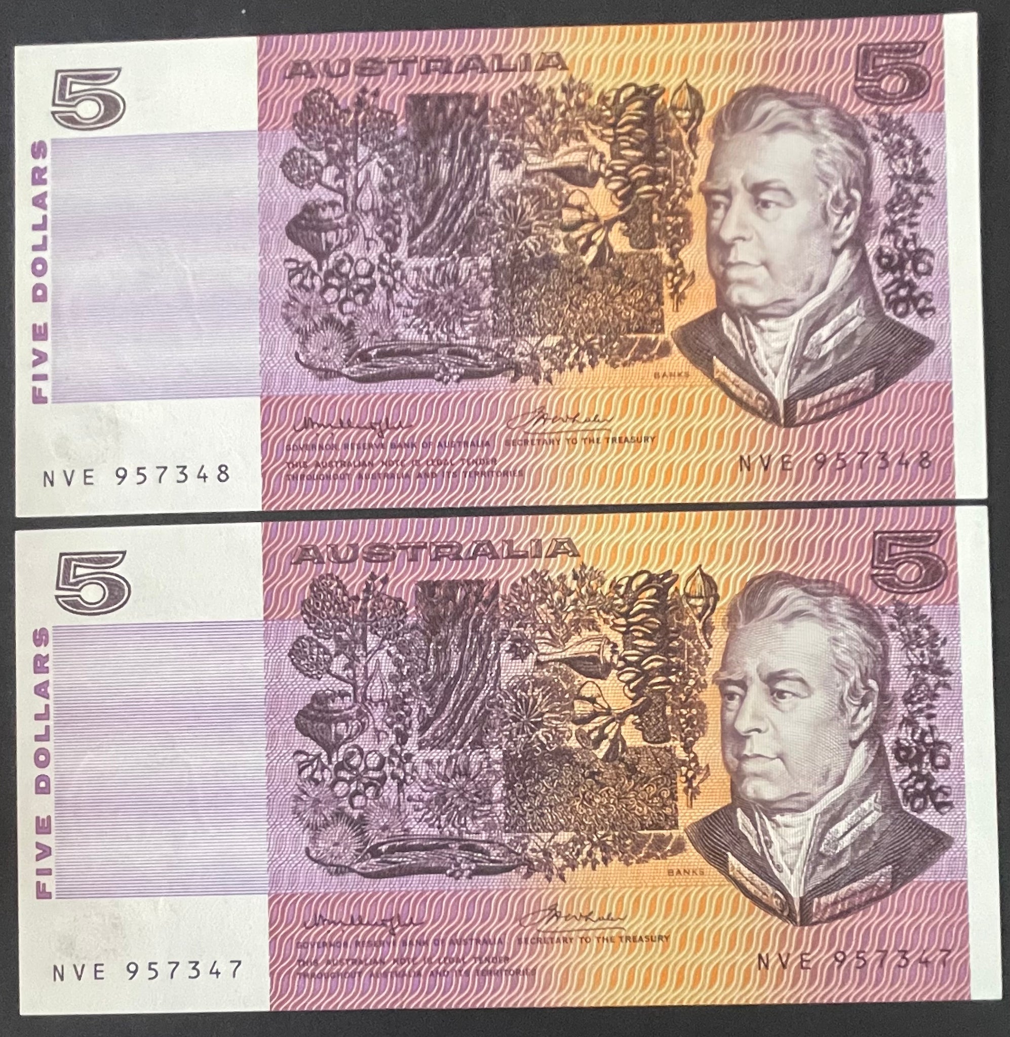 Australia $5 Knight/Wheeler Banknote Consecutive Pair R206c