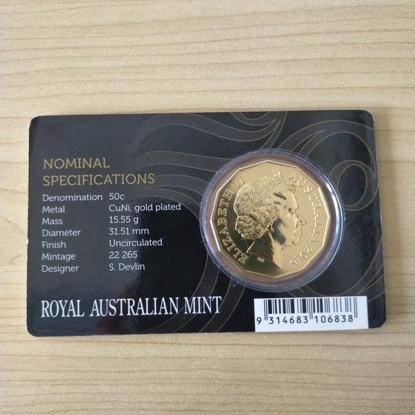 2015 RAM 50c Fifty Cents 50th Anniversary of Royal Australia Mint Gold Plated Carded Coin