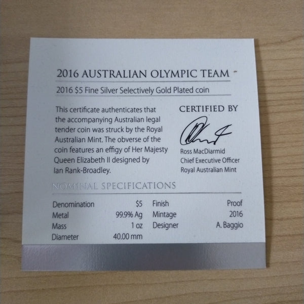 Australia 2016 Royal Australian Mint $5 Olympic Team 1oz Silver Gold Plated Proof Coin