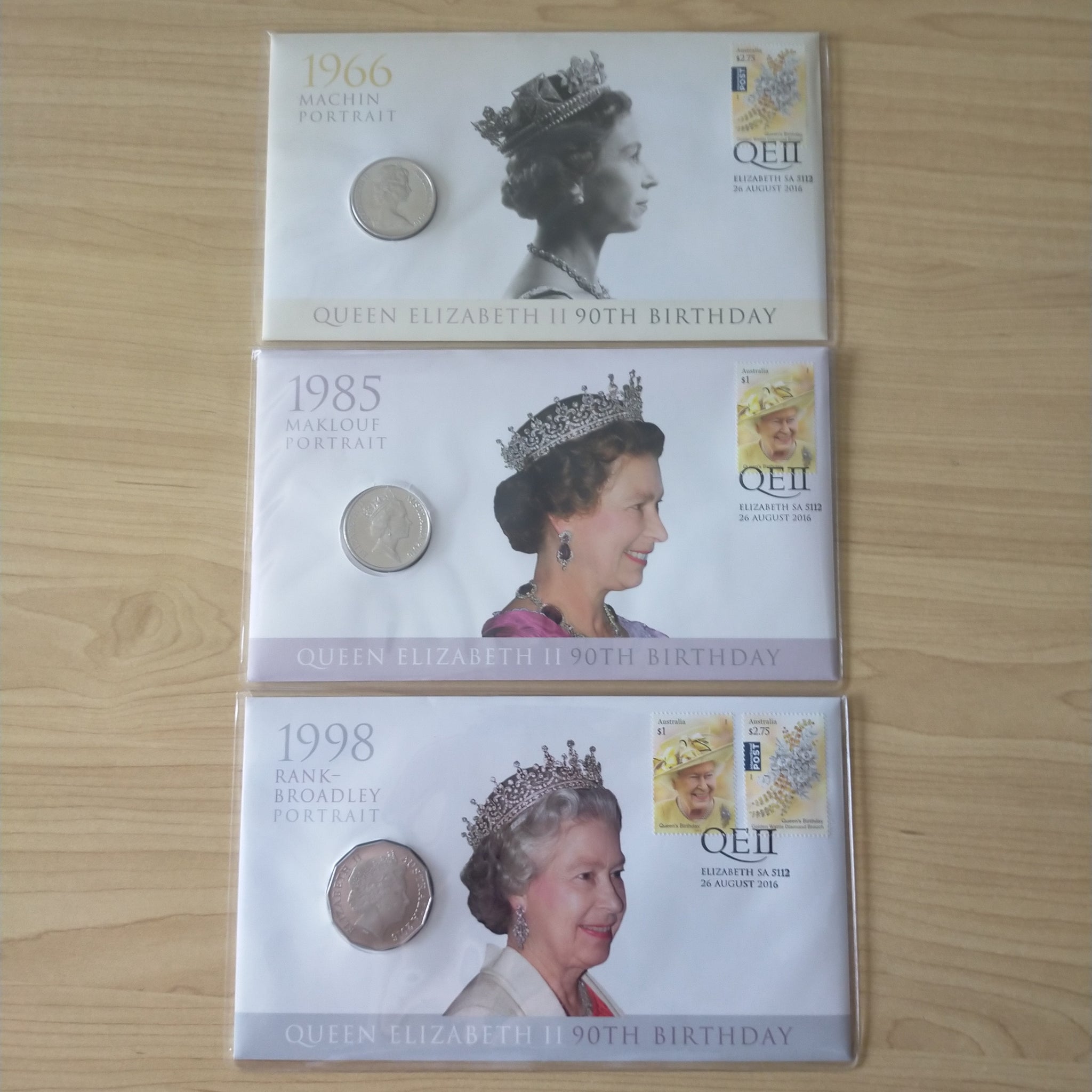 2016 $1 Australia Queen Elizabeth II 90th Birthday Portrait Set of 3 PNCs 1st Day Issue