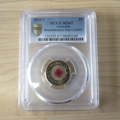 2012 Australia $2 Remembrance Day Poppy C Mintmark PCGS Graded MS67 Slabbed Coloured Coin