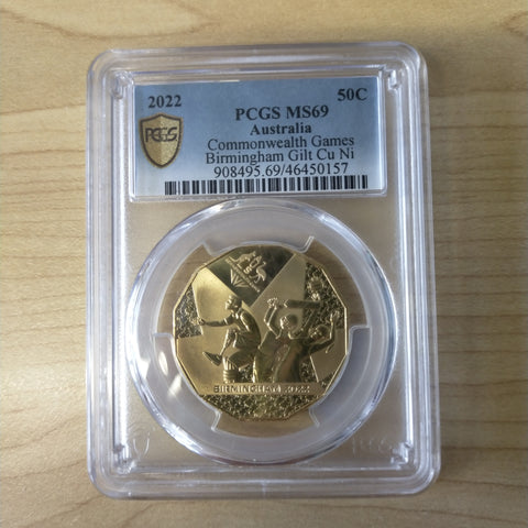 2022 Australia 50c Birmingham Commonwealth Games Gold Plated PCGS Graded MS69 Slabbed Coin