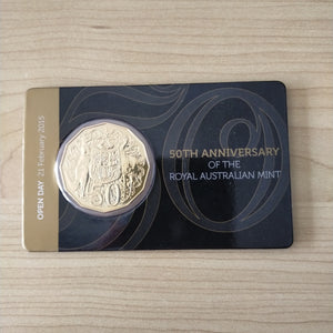 2015 RAM 50c Fifty Cents 50th Anniversary of Royal Australia Mint Gold Plated Carded Coin Open Day