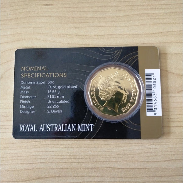 2015 RAM 50c Fifty Cents 50th Anniversary of Royal Australia Mint Gold Plated Carded Coin Open Day