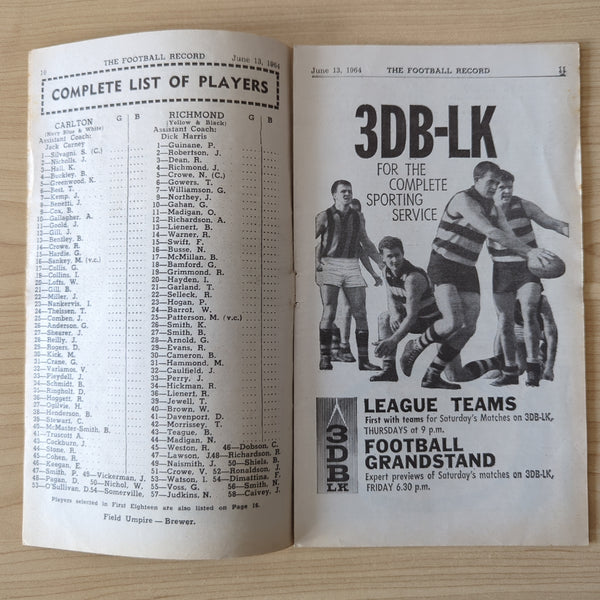 1964 VFL Carlton Vs Richmond  Football Record June 13