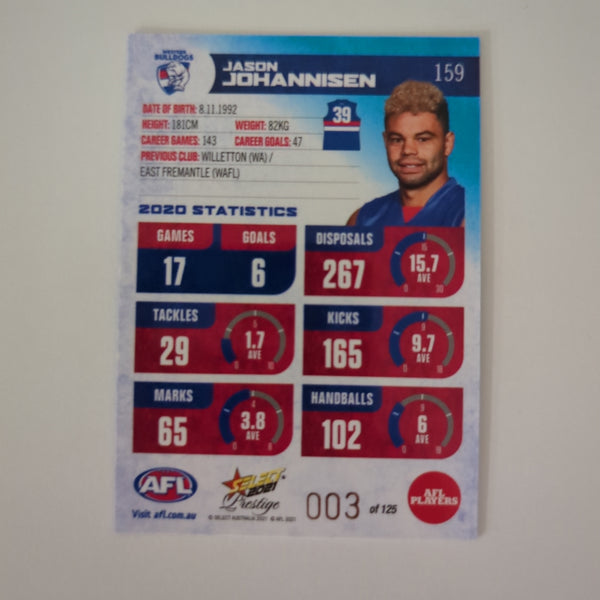 2021 AFL Select Prestige Blue Parallel Jason Johannisen Western Bulldogs LOW NUMBER No.003/125