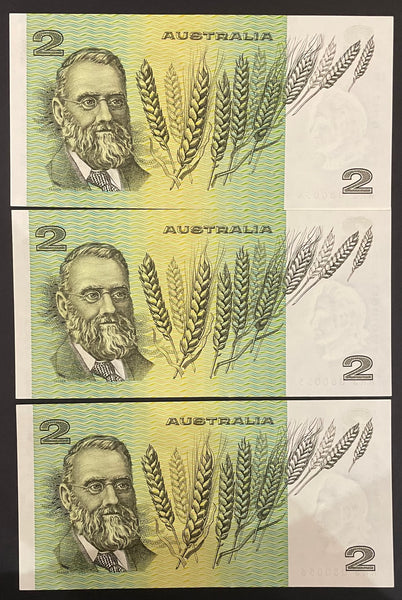 Australia $2 Knight/Wheeler OCRB Centre Thread about Uncirculated Run of 3. R86b