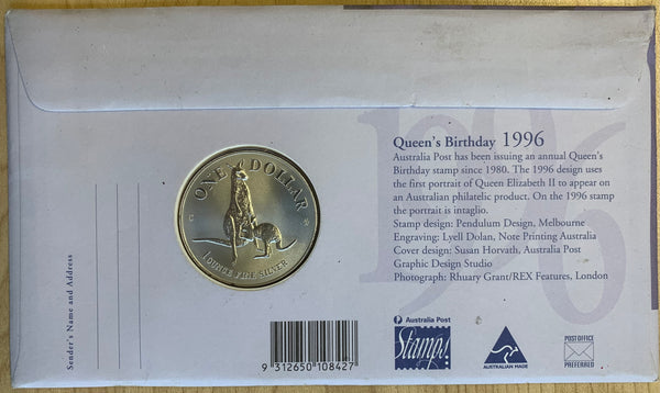 1996 Queens Birthday PNC with $1 ounce Silver Kangaroo coin