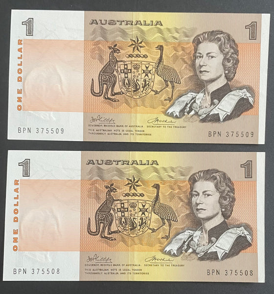 Australia 1974 $1 Phillips Wheeler Pair, about Uncirculated, light folds. R75
