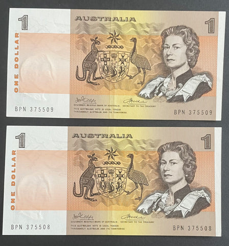Australia 1974 $1 Phillips Wheeler Pair, about Uncirculated, light folds. R75