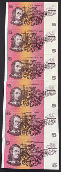Australia 1985 $5 Johnston Fraser OCRB Serials Banknote Uncirculated Run of 6. R209a