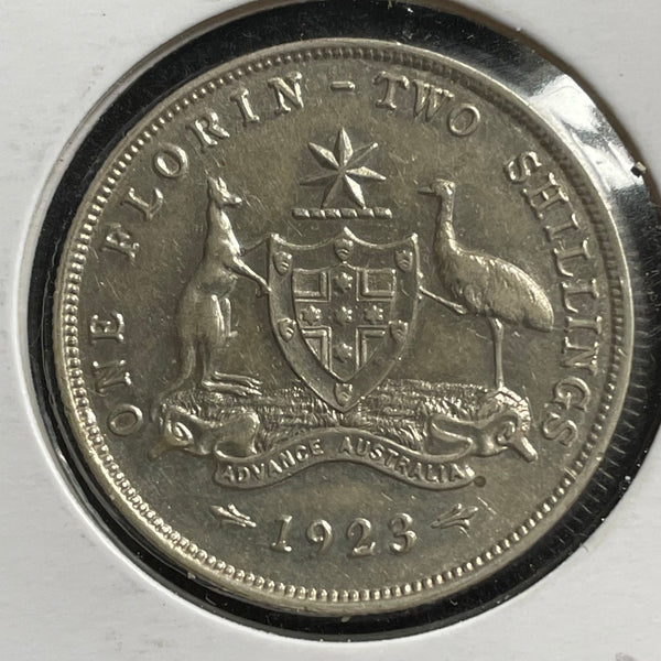 Australia 1923 2/- Florin Silver Coin Very Fine+ Condition