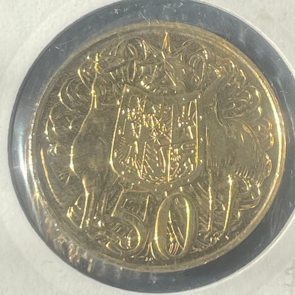 2016 RAM 50th Anniversary of Decimal Currency Special Release Gold Plated 50c Round Fifty Cents Uncirculated Coin in 2x2 mount