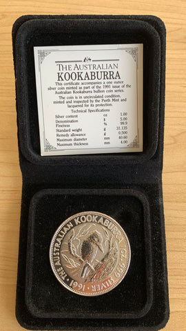 Australia 1991 Perth Mint $5 Kookaburra 1oz Silver Uncirculated Coin