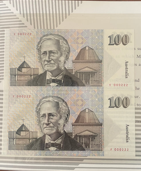 Australia 1995 $100 Uncut Vertical Pair Red Serial Numbers Banknote Folder