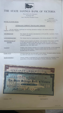 Australia State Savings Bank of Victoria 1966 $10 & $20 Travellers Cheque Overprinted Specimen