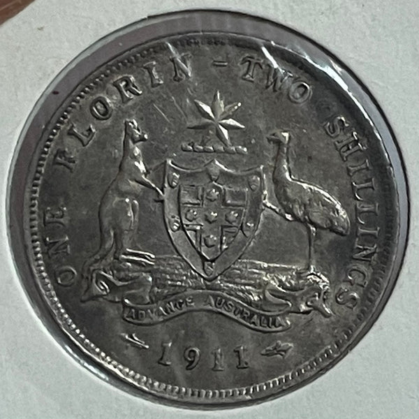 Australia 1911 2/- Florin Silver Coin about Extra Fine EF Condition