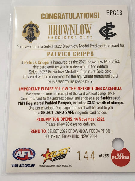 2022 AFL Footy Stars Brownlow Medallist Gold Booklet Patrick Cripps Carlton 144/185