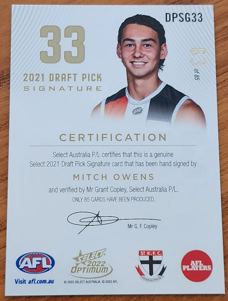 2022 AFL Select Optimum Signature Mitch Owens St Kilda 63/85