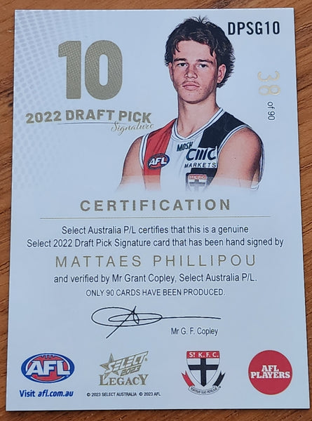2023 AFL Select Legacy 2022 Draft Pick Signature Mattaes Phillipou St Kilda 38/90
