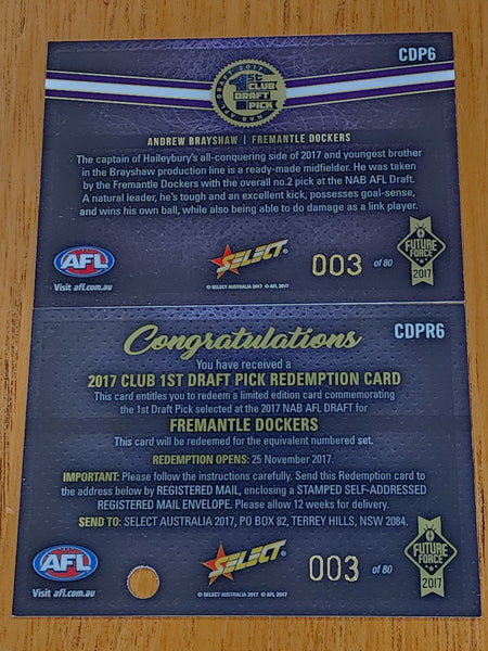2017 AFL Select Future Force 1st Club Draft Pick Redemption Andrew Brayshaw Fremantle LOW #003