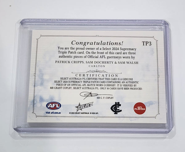 2024 AFL Select Supremacy Triple patch Patrick Cripps Sam Doherty Sam Walsh Carlton 36/50 TP3