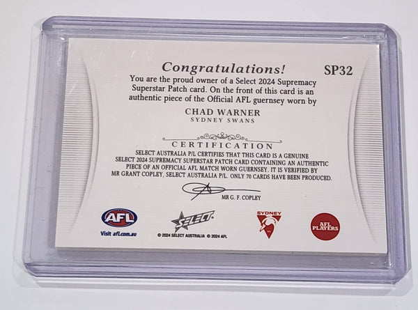 2024 AFL Select Supremacy Chad Warner Sydney Superstar Patch 46/70 SP32
