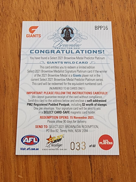 2021 AFL Select Prestige Giants Wildcard Brownlow Predictor 2021 33/60