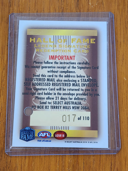 2018 AFL Select Hall Of Fame Legend Signature Card Tony Lockett 17/110 LGS18