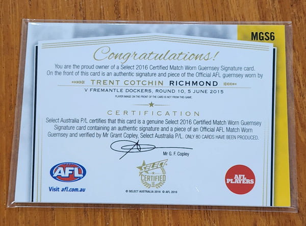 2016 AFL Select Certified Match Worn Guernsey Trent Cotchin Signature Card Richmond MGS6 65/80
