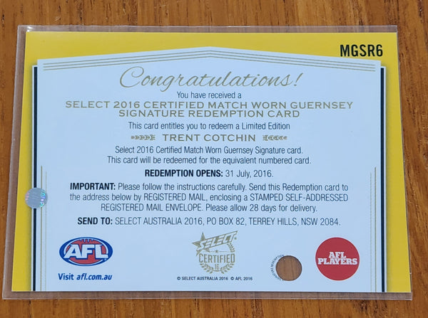 2016 AFL Select Certified Match Worn Guernsey Trent Cotchin Signature Card Richmond MGS6 65/80