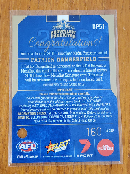 2016 AFL Select Brownlow Predictor card and medal Patrick Dangerfield Geelong 160/250 BP51